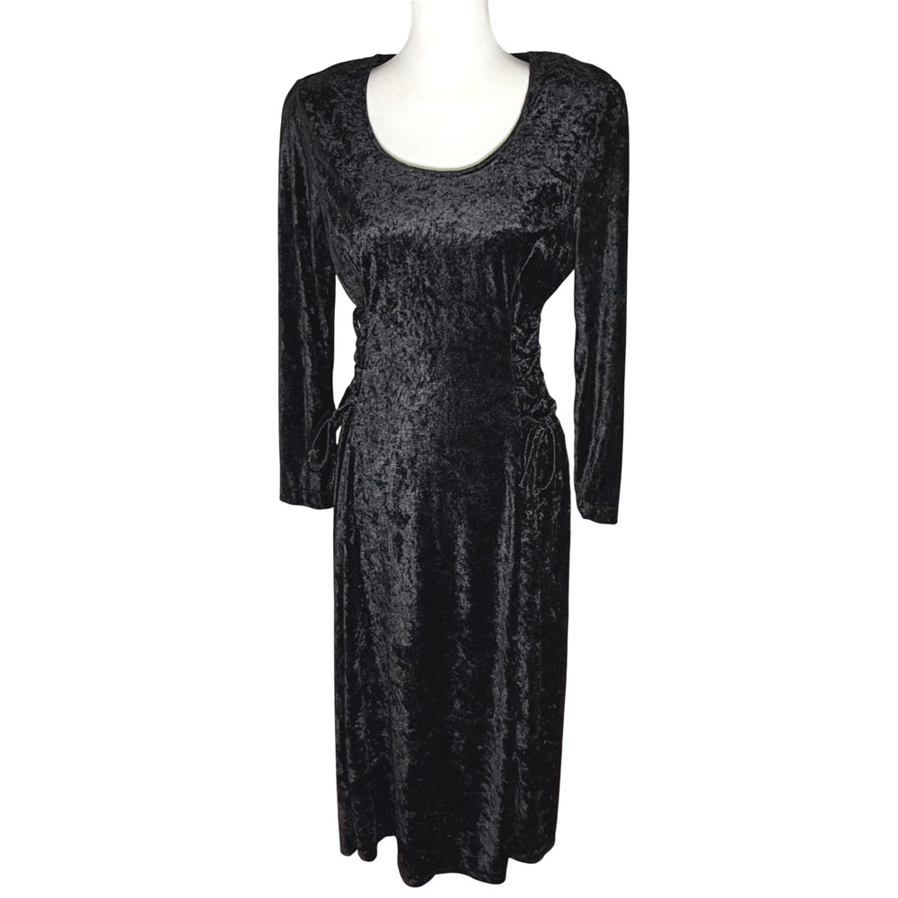 VTG Jamie Brooke Black Velvet‎ Lace Up Side Midi Dress S/M Goth Vamp Witchy